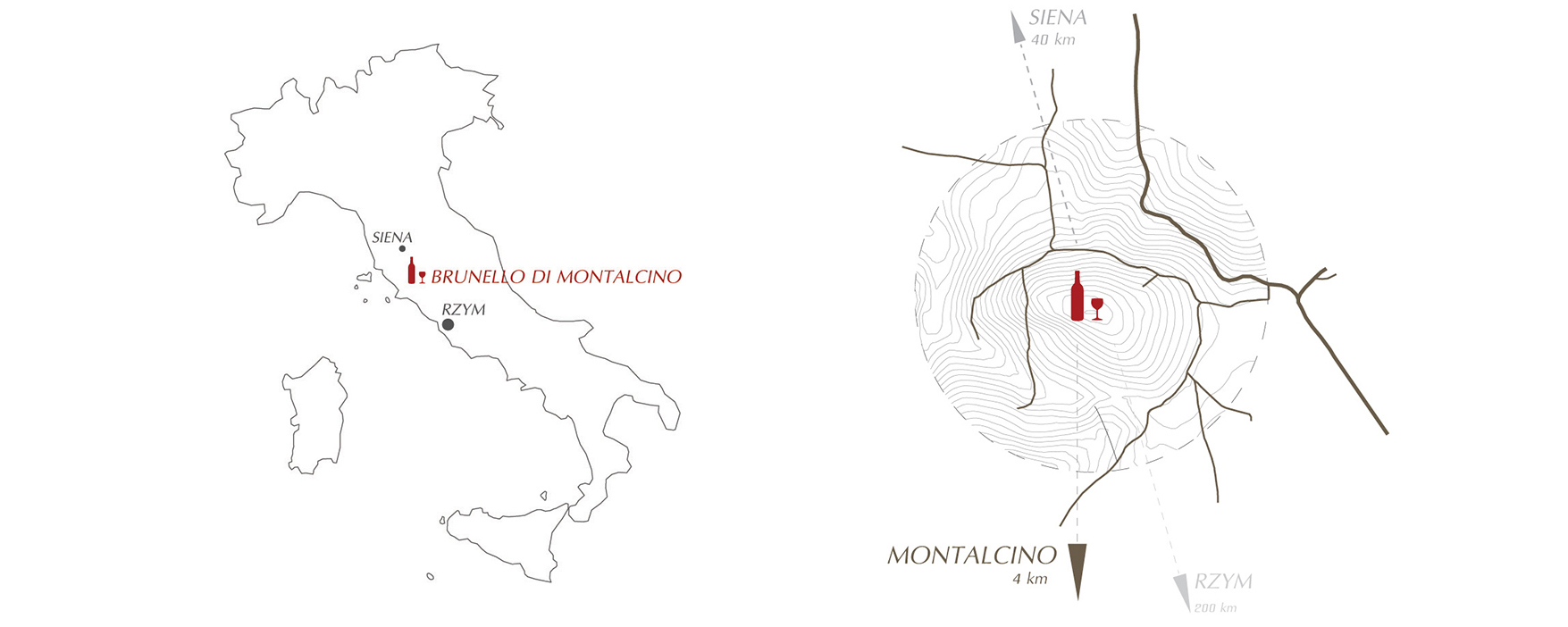Schemat lokalizacji na mapie Włoch i regionu Montalcino